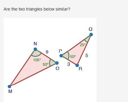 Are the two triangles below similar?  triangles mno and prq are shown. angle n measures