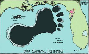 Need  study the cartoon our carbon footprint by signe wilkinson. a drawing of th