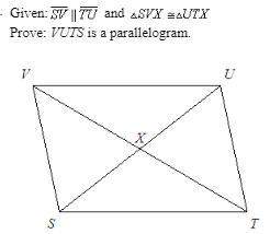 Given: line sv is parallel to line tu and triangle svx is congruent to triangle utx prove: v