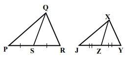 Given: △pqr∼△jxy, qs and xz are medians, pq=9, xz=4, qs=xj. find: qs