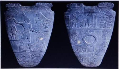Describe three elements or principles of art found in the narmer palette. what purpose do the art