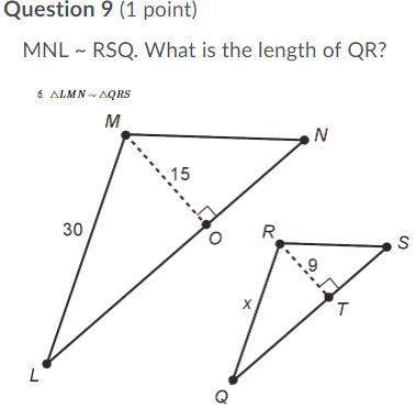 Q9: mnl ~ rsq. what is the length of qr?  question 9 answers:  4.5