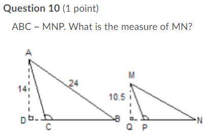 Q10: abc ~ mnp. what is the measure of mn?  question 10 answers:  252