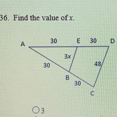Find the value of x.  a.3  b.4  c.6  d.8