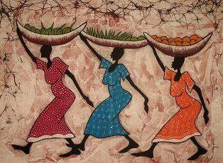 Look at the painting. three women in colorful dresses walk with baskets of food on their heads. whic