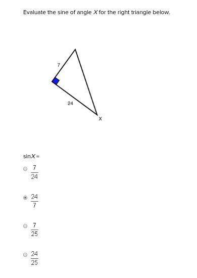 Evaluate the sine of angle x for the right triangle below.