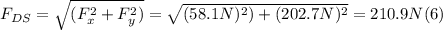 F_{DS} = \sqrt{(F_{x} ^{2} +F_{y} ^{2})} = \sqrt{(58.1N)^{2}) + (202.7N)^{2} } = 210.9 N (6)