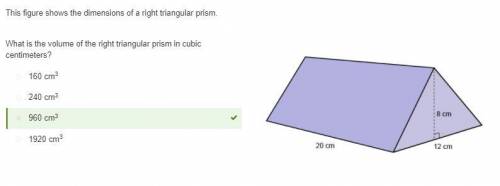 This figure shows the dimensions of a right triangular prism.

What is the volume of the right trian