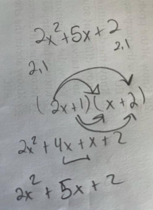 Factor the following Polynomials 2x2 + 5x + 2

Your 
(2x - 1)(x - 2)
O (2x + 1) (x + 2)
(2x+1)(x-2)