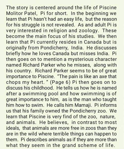 Can anyone summarize life of pi chapters 1-14 (i’ll mark as brainliest)