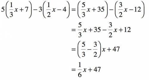 Which expression are equivalent to 5(1/3x + 7)-3(1/2x -4)? Select three options.