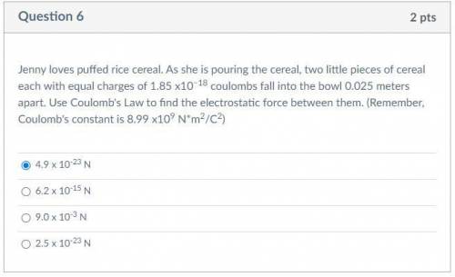 Question 6

2 pts
Jenny loves puffed rice cereal. As she is pouring the cereal, two little pieces of