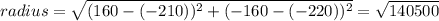 radius=\sqrt{(160-(-210))^2+(-160-(-220))^2}=\sqrt{140500}