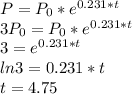 P = P_0 * e^{0.231 * t}\\3P_0 = P_0 * e^{0.231 * t}\\3 = e^{0.231 * t}\\ln 3 = 0.231 * t\\t = 4.75