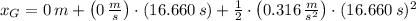 x_{G} = 0\,m + \left(0\,\frac{m}{s} \right)\cdot (16.660\,s)+ \frac{1}{2}\cdot \left(0.316\,\frac{m}{s^{2}} \right) \cdot (16.660\,s)^{2}