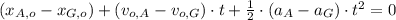 (x_{A,o}-x_{G,o}) +(v_{o,A}-v_{o,G})\cdot t +\frac{1}{2}\cdot (a_{A}-a_{G})\cdot t^{2} = 0