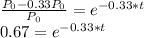 \frac{P_0 - 0.33P_0}{P_0} = e^{-0.33 * t}\\0.67 = e^{-0.33 * t}\\