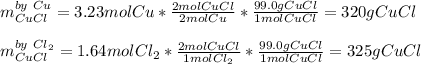 m_{CuCl}^{by\ Cu}=3.23molCu*\frac{2molCuCl}{2molCu}*\frac{99.0gCuCl}{1molCuCl}  =320gCuCl\\\\m_{CuCl}^{by\ Cl_2}=1.64molCl_2*\frac{2molCuCl}{1molCl_2}*\frac{99.0gCuCl}{1molCuCl}  =325gCuCl