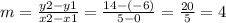 m =  \frac{y2 - y1}{x2 - x1}  =  \frac{14 - ( - 6)}{5 - 0}  =  \frac{20}{5}  = 4