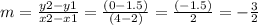 m =  \frac{y2 - y1}{x2 - x1}  =  \frac{(0 - 1.5)}{(4 - 2)}  =  \frac{( - 1.5)}{2}  = - \frac{3}{2}