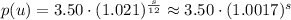 p(u) = 3.50 \cdot (1.021)^\frac{s}{12} \approx 3.50 \cdot (1.0017)^s