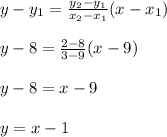 y-y_1=\frac{y_2-y_1}{x_2-x_1}(x-x_1)\\\\y-8=\frac{2-8}{3-9}(x-9)\\\\y-8=x-9\\\\y=x-1