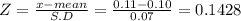 Z = \frac{x-mean}{S.D} = \frac{0.11-0.10}{0.07} = 0.1428