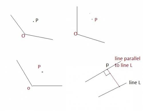 Draw an obtuse angle big. place a point p inside the angle. now construct perpendiculars from the po