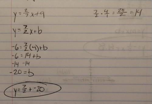 Write the equation of a line that is perpendicular to y=-2/7x+9 and passes through the point (4,-6)