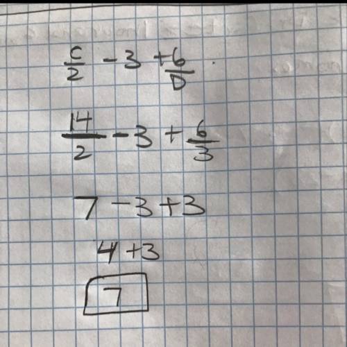 Me with this math problem evaluate c/2 - 3 + 6/d when c=14 and d=3