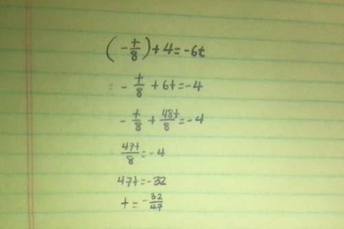 Solve: (t/-8) - -4 = -6 t =