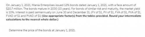 On January 1, 2021, Mania Enterprises issued 12% bonds dated January 1, 2021, with a face amount of