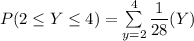 P(2 \le Y \le 4) = \sum \limits ^4_{y=2} \dfrac{1}{28}(Y)