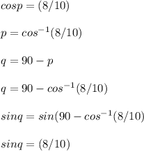 cosp=(8/10)\\ \\ p=cos^{-1}(8/10)\\ \\ q=90-p\\ \\ q=90-cos^{-1}(8/10)\\ \\ sinq=sin(90-cos^{-1}(8/10)\\ \\ sinq=(8/10)