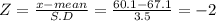 Z = \frac{x-mean}{S.D} = \frac{60.1-67.1}{3.5} = -2