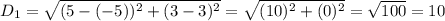 D_1 = \sqrt{(5 - (-5))^2 + (3 - 3)^2}= \sqrt{(10)^2 + (0)^2} = \sqrt{100} = 10
