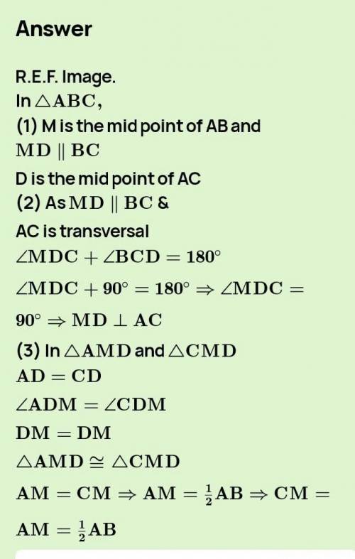 ABC is a triangle right angled at C . A line through the mid point M of hypotenuse AB and parallel B