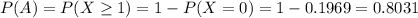 P(A) = P(X \geq 1) = 1 - P(X = 0) = 1 - 0.1969 = 0.8031