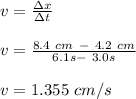 v = \frac{\Delta x}{\Delta t} \\\\v = \frac{8.4\ cm\  - \ 4.2 \ cm}{6.1  s - \ 3.0  s} \\\\v = 1.355 \ cm/s