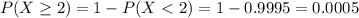 P(X \geq 2) = 1 - P(X < 2) = 1 - 0.9995 = 0.0005