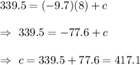 339.5=(-9.7)(8)+c\\\\\Rightarrow\ 339.5=-77.6+c\\\\\Rightarrow\ c= 339.5+77.6=417.1