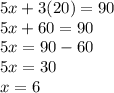 5x+3(20)=90\\5x+60=90\\5x=90-60\\5x=30\\x=6
