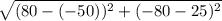 \sqrt{(80-(-50))^{2}+(-80-25)^{2} }