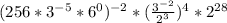 (256 * 3^{-5} * 6^{0} )^{-2} * (\frac{3^{-2}}{2^{3}} )^{4} * 2^{28}