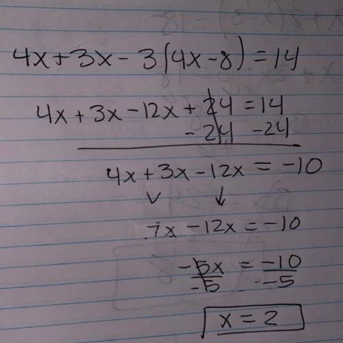 I NEED HELP ASAP

 
Solve the equation and show your work.
Here's the problem: 4x + 3x - 3(4x - 8) =