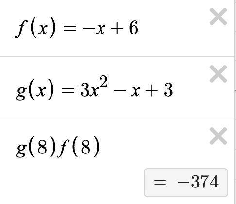 If F(x)=-x+6 and g(x)=3x^2-x+3 find the value of (g•f)(8)