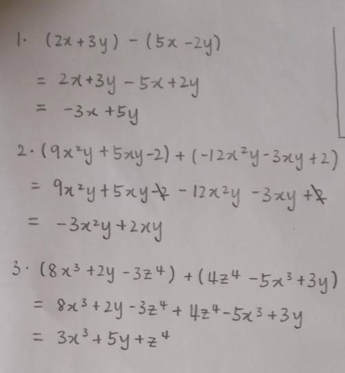 B. Perform the following operations on polynomials.

1. (2x + 3y) - (5x – 2y)2. (9x²y + 5xy - 2) + (