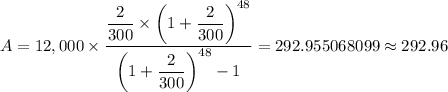A = 12,000 \times \dfrac{\dfrac{2}{300}  \times \left (1 + \dfrac{2}{300} \right )  ^{48}}{ \left (1 + \dfrac{2}{300} \right )^{48} - 1} = 292.955068099 \approx 292.96