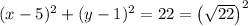 (x - 5)^{2} + (y - 1)^{2} = 22 = \left(\sqrt{22}\right)^{2}