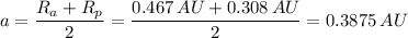 a = \dfrac{R_a + R_p}{2} = \dfrac{0.467 \, AU + 0.308 \, AU}{2}  = 0.3875 \, AU